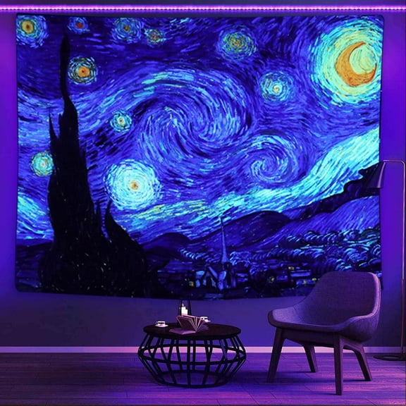 Starry Night Blacklight Tapestry by Van Gogh Wall Art for Bedroom Aesthetic, Abstract Wall Hanging UV Reactive Fabric Poster for Living Room Dorm, 39 x 29 Inches