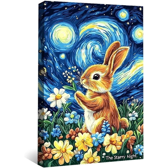 The Starry Night Bunny Canvas Wall Art,Rabbit Holding Flower Print,Vincent Van Gogh Inspired Artwork Poster,Spring Landscape Decor for Living Room Bedroom--