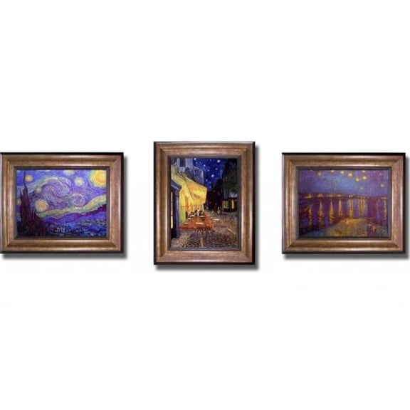 Starry Night By Vincent Van Gogh 3-Pc Premium Bronze Framed Canvas Wall Art Set