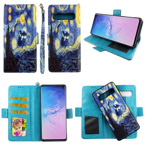 Starry Night Case for Samsung Galaxy S10 Plus (6.4) S 10 + Magnetic Detachable Pu Leather Wallet Cover with Flap Closure and Snap-on Book Style Cases with Card Holders Wrist Strap 2 in 1 Folio Flip