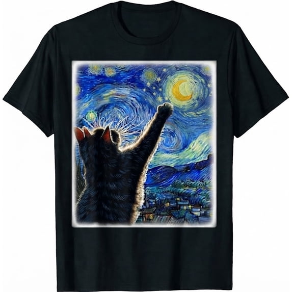 Starry Night Cat Art Cute Lover Graphic Black T-Shirt - Walmart.com
