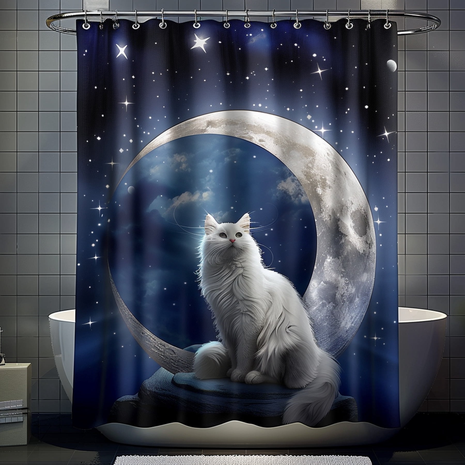 Starry Night Cat Bathroom Set: Moonlit Shower Curtain & Fluffy Cat ...