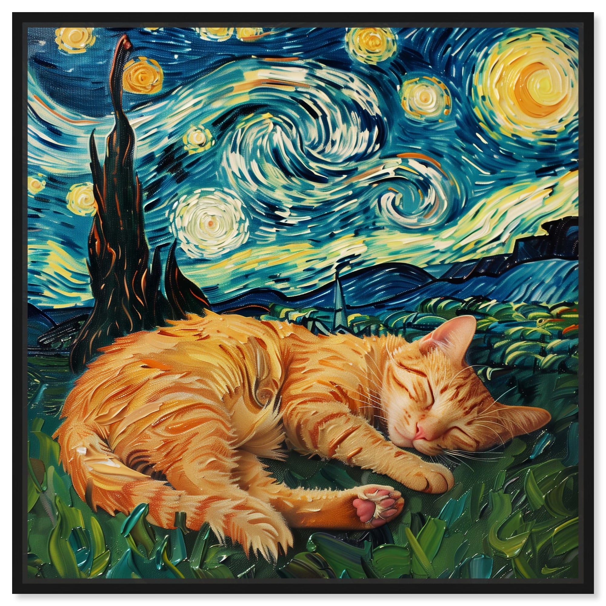Starry Night Cat Canvas Trendy Animal Art By Art Remedy Black Frame starry-night-cat-canvas-trendy-animal-art-by-art-remedy-black-frame