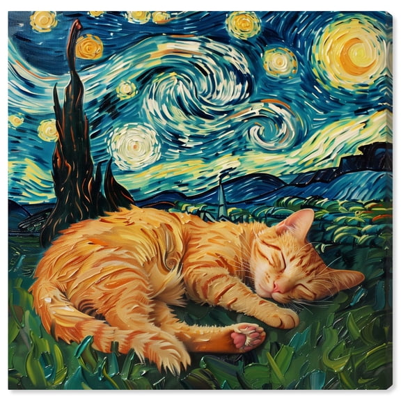 Starry Night Cat Canvas Trendy Animal Art by Art Remedy, Gallery Wrapped, 16" x 16"