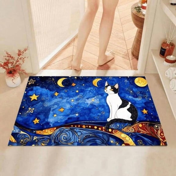 Starry Night Cat Diatom Mud Floor Mat - Artistic Printed Soft Absorbent Non-Slip Area Rug, Cute Design Adds Charm To Bathroom, Kitchen And Home Decor Spaces