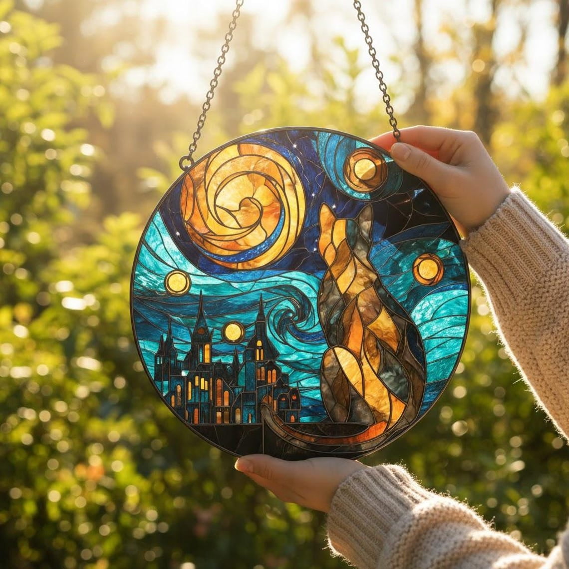Starry Night Cat Glass Suncatcher, Round Window Hanging, Van Gogh ...