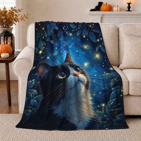 Starry Night Cat Glowing Orbs Floral Branches Magical, Peaceful Pet Portrait Pattern, Warm Flannel Blanket for Living Room and Bedroom, Cat Lovers Just Because Gift, Pet Lover Home Decor