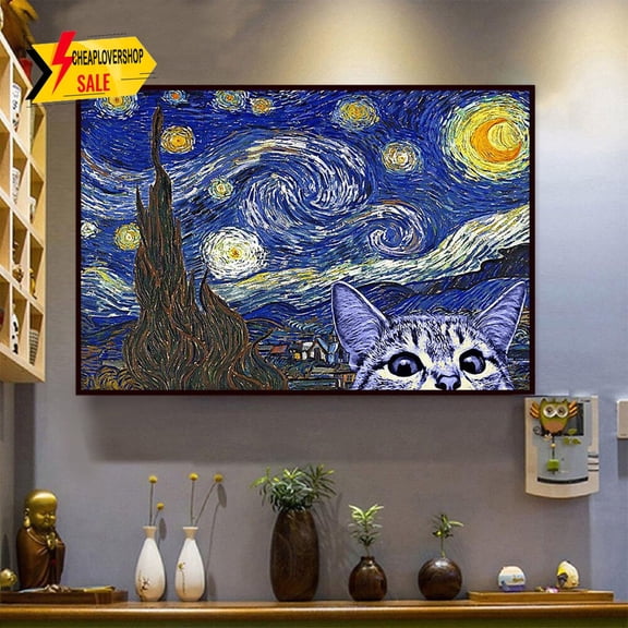 Starry Night Cat Kitten Horizontal Poster Vintage Poster Wall Art Home Decor Wall Decor Poster No Frame Cat Poster Cat Love Cat Hot Cat 11 x 17 Inch Poster