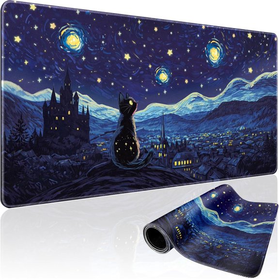Starry Night Cat Large Mouse Pad, 31.5"x15.7" Desk Mat, Anti-Slip Rubber Base Keyboard Pad with Stitched Edges, Water-Resistant Smooth Blotter, Computer Mat for Home Office
