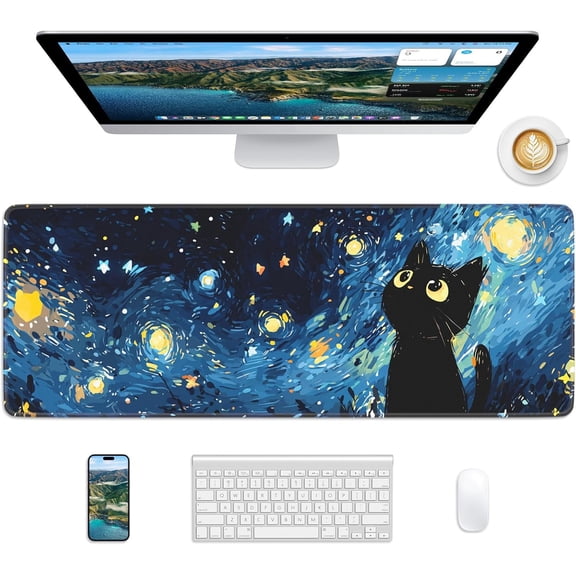 Starry Night Cat Mouse Pad 31.5 x 11.8 Large Desk Mat with Stitched Edges & Non-Slip Base Mousepad for Office Home Work