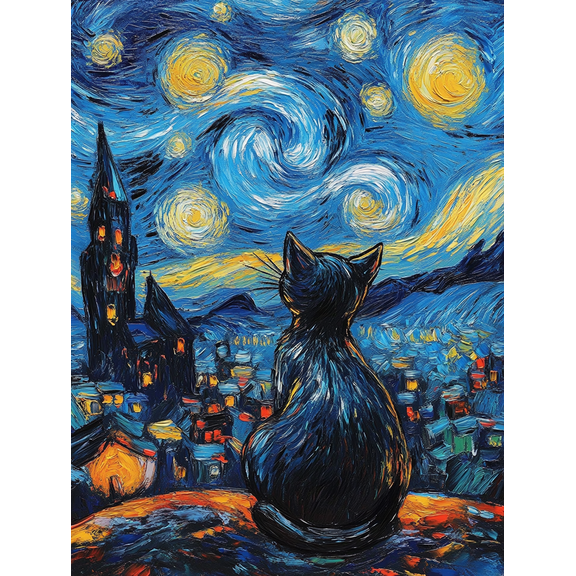 Starry Night Cat Oil Painting Decoration/Canvas Art Perfect for Living Room Bedroom Office Dining Room Study Hallway Apartment Cafe Studio Dorm Room and Gallery Wall Decor.