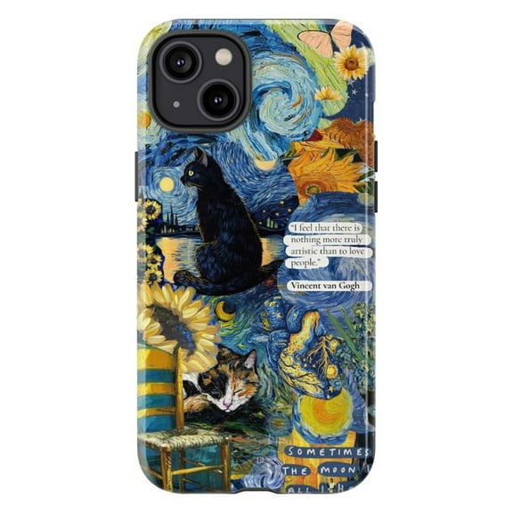 Starry Night Cat Phone Case, Vincent van Gogh Inspired Art, Black Cat and Sunflower iPhone Cover, Unique Artistic Protective Case for iPhone 17 16 15 14 13 12 11 Plus Pro Max Mini