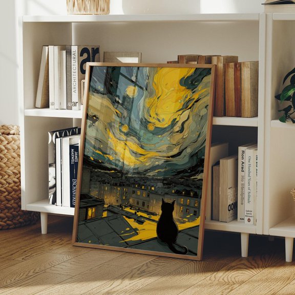 Starry Night Cat Rooftop Dreamy Wall Art Home Decor Unframed Paper Print