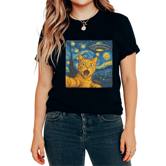 Starry Night Cat UFO Graphic Comfortable Tees T-shirt Van Gogh Style Funny Alien Cat Round Neck Black S-5XL