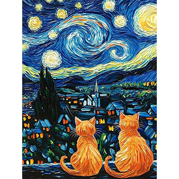 Starry Night Cats Oil Painting Decorative/Canvas Art, Suitable for Living Room, Bedroom, Office, Dining Room, Kitchen, Hallway and Entryway Decoration, Wall Art Decor.