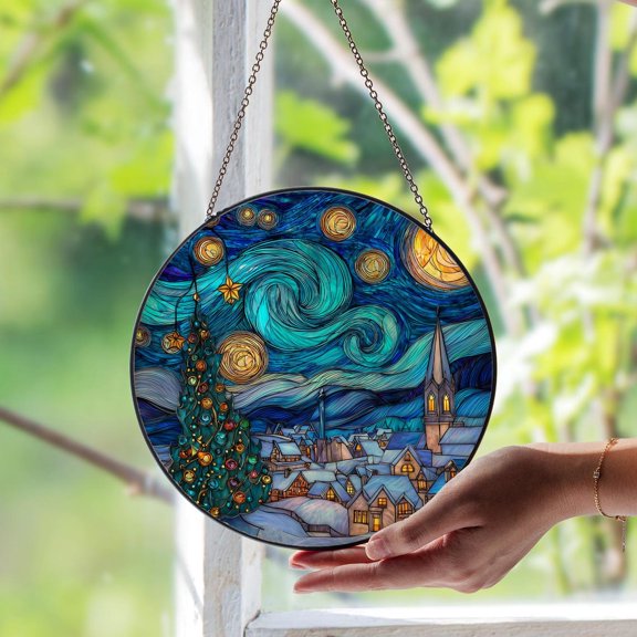 Starry Night Christmas Village Glass Suncatcher, Winter Scene Art, Holiday Home Decor, 3.5 in