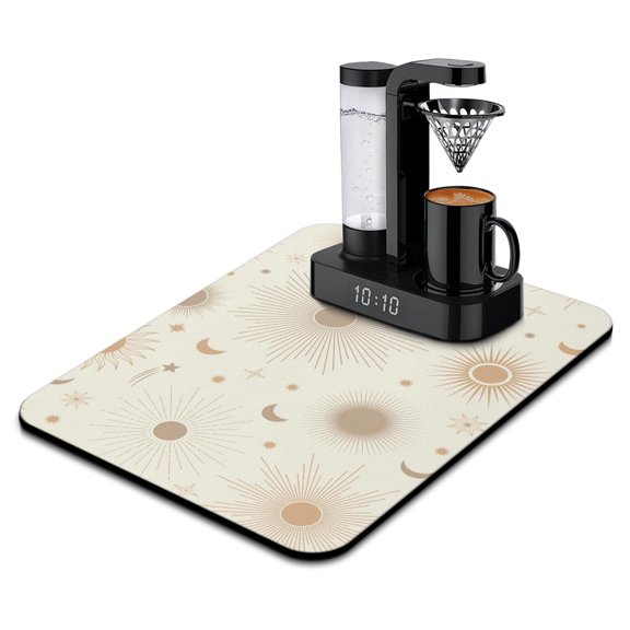 Starry Night Coffee Bar Mat, Super Absorbent Dish Drying Pad with Cosmic Sunburst & Astral Elements, Leak-Proof Non-Slip Kitchen Mat for Coffee Makers