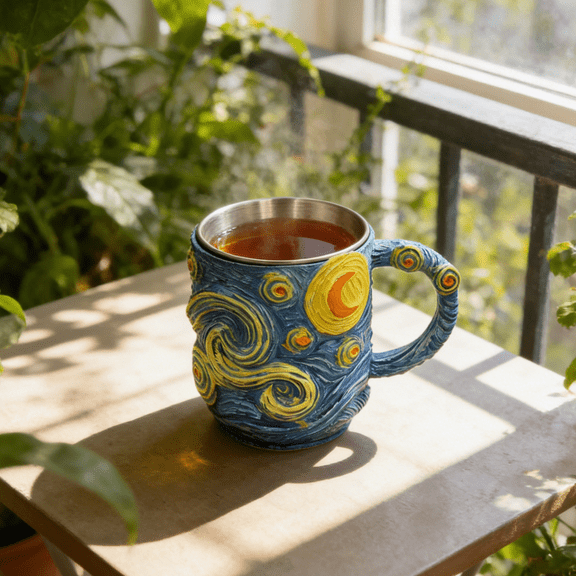 Starry Night Coffee Mug 3D Textured - Stainless Steel Liner Insulated Cup, Artistic Van Gogh Themed Drinkware for Tea & Coffee, Home Decor Gift Idea, 3.9in