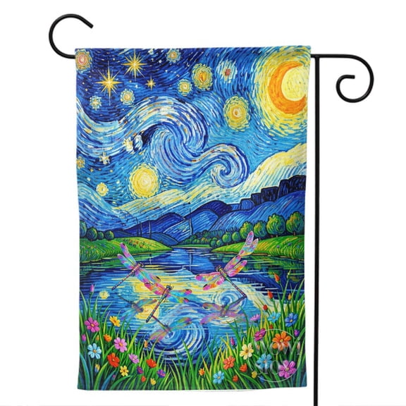 Starry Night Dragonfly Garden Flag 12X18 Inch Double Sided Lake Floral Dragonfly Pattern Banner for Home Front Door Porch Lawn Patio Courtyard Farmhouse Summer Outdoor Landscape Decor