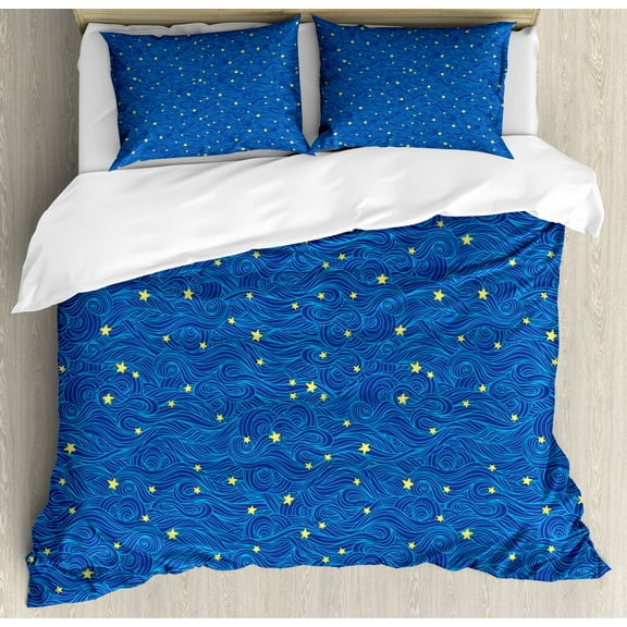 Starry Night Duvet Cover Set King Size, Stars and Clouds Pattern with Curves Galaxy Theme Heavenly Bodies, Decorative 3 Piece Bedding Set with 2 Pillow Shams, Blue Yellow Dark Blue, by Ambesonne