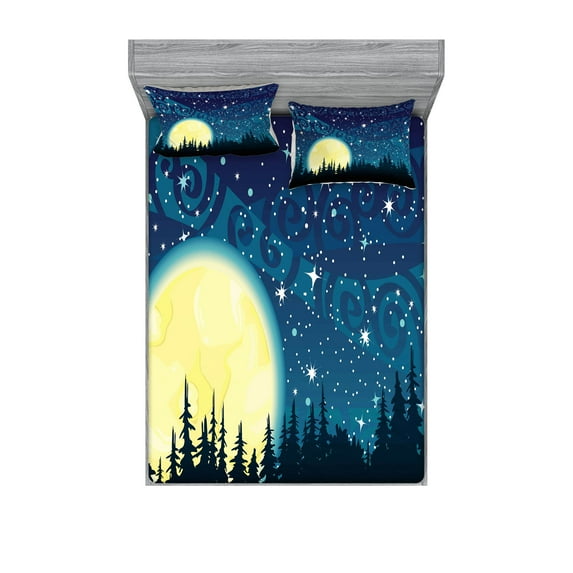 Starry Night Fitted Sheet & Pillow Sham Set, Full Moon over the Forest Sky with Stars Dots Swirls Background, Decorative Printed 6 Piece Bedding Decor Set, Queen, Dark Blue Cream Black, by Ambesonne