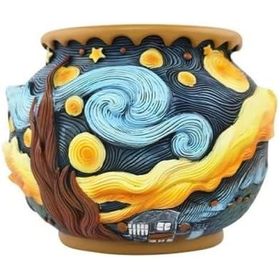 Starry Night Flower Pot Fancy Theme Planter for Indoor & Outdoor Plants, Hand-Painted Plant Pot with Drainage Hole, Pretty Pot for Artificial or Real Plants, 6.8" Wide$$Garden & Patio