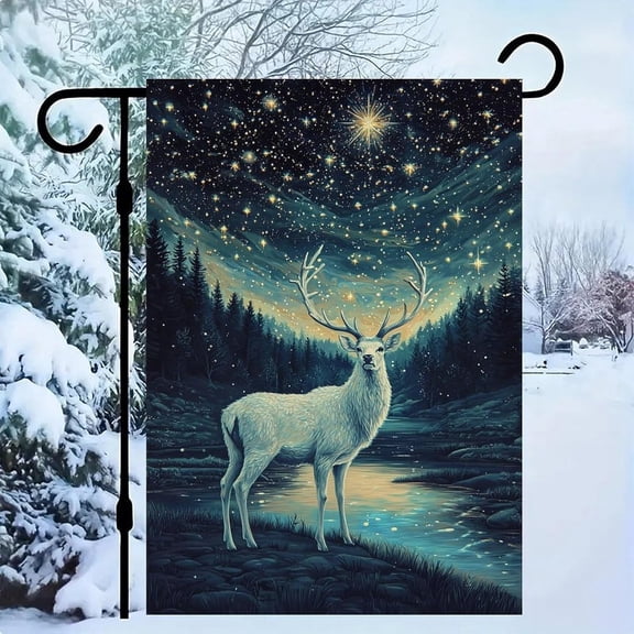 Starry Night Forest Deer Garden Flag, Double Sided Outdoor Yard Decoration, 12 x 18 Inch