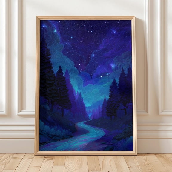 Starry Night Forest Glowing River Blue Sky Porch Decoration Unframed Paper Print