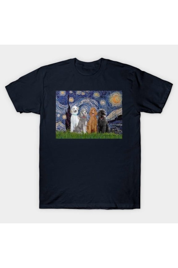 Starry Night Four Standard Poodles Van Gogh Parody, H34052 Unisex T-Shirt, Up to 5XL Available