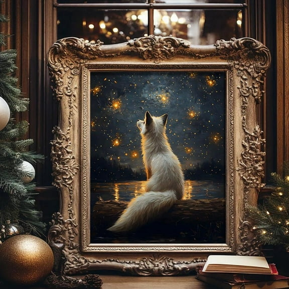 Starry Night Fox Poster Mystical Forest Animal Wall Art Home Decor, 16x24 UNFRAMED