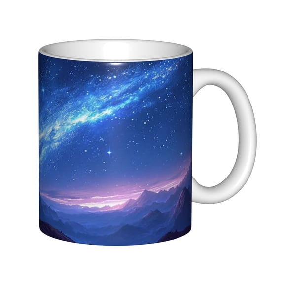 Starry Night Galaxy Ceramic Coffee Mug 11oz White Cup with Milky Way Mountain Space Design Gift for Space Lovers