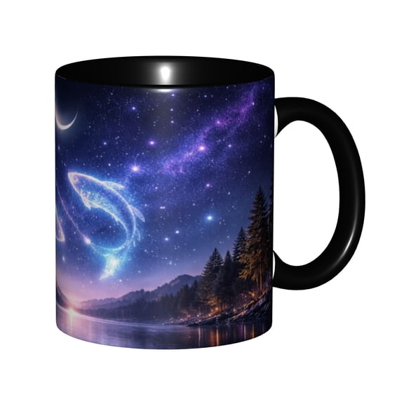 Starry Night Galaxy Fish 11oz Two-Tone Black Ceramic Coffee Mug, Cosmic Forest Lake Tea Cup