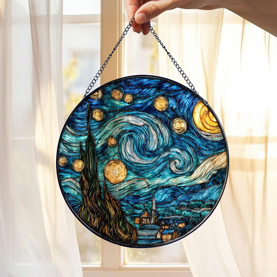 Starry Night Glass Suncatcher v2, Van Gogh Inspired Window Art, Starry ...