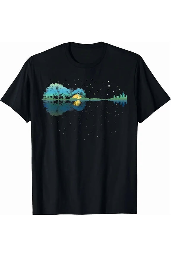 Starry Night Guitar Reflection Nature Graphic Unisex Short Sleeve T-Shirt