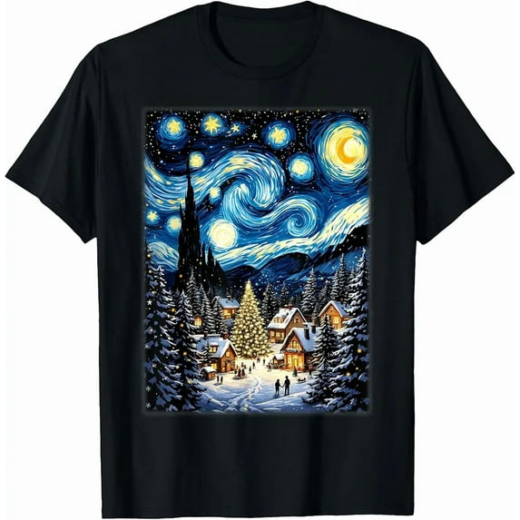 Starry Night Holiday Tree Inspired Winter Art Scenic Fun Unisex T-Shirt, up to size 5XL
