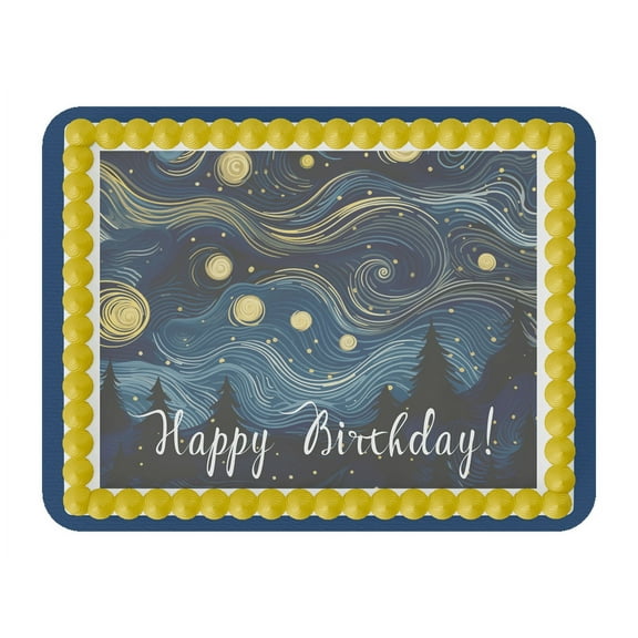 Starry Night Inspired Abstract Happy Birthday Edible Cake Topper-1/4 sheet