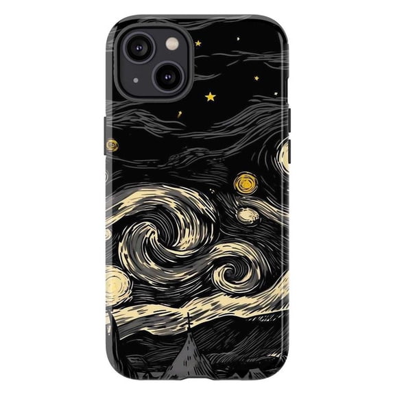 Starry Night Inspired Phone Case, Black & Gold Celestial Art iPhone Cover, Aesthetic Protective Case for iPhone 17 16 15 14 13 12 11 Plus Pro Max Mini