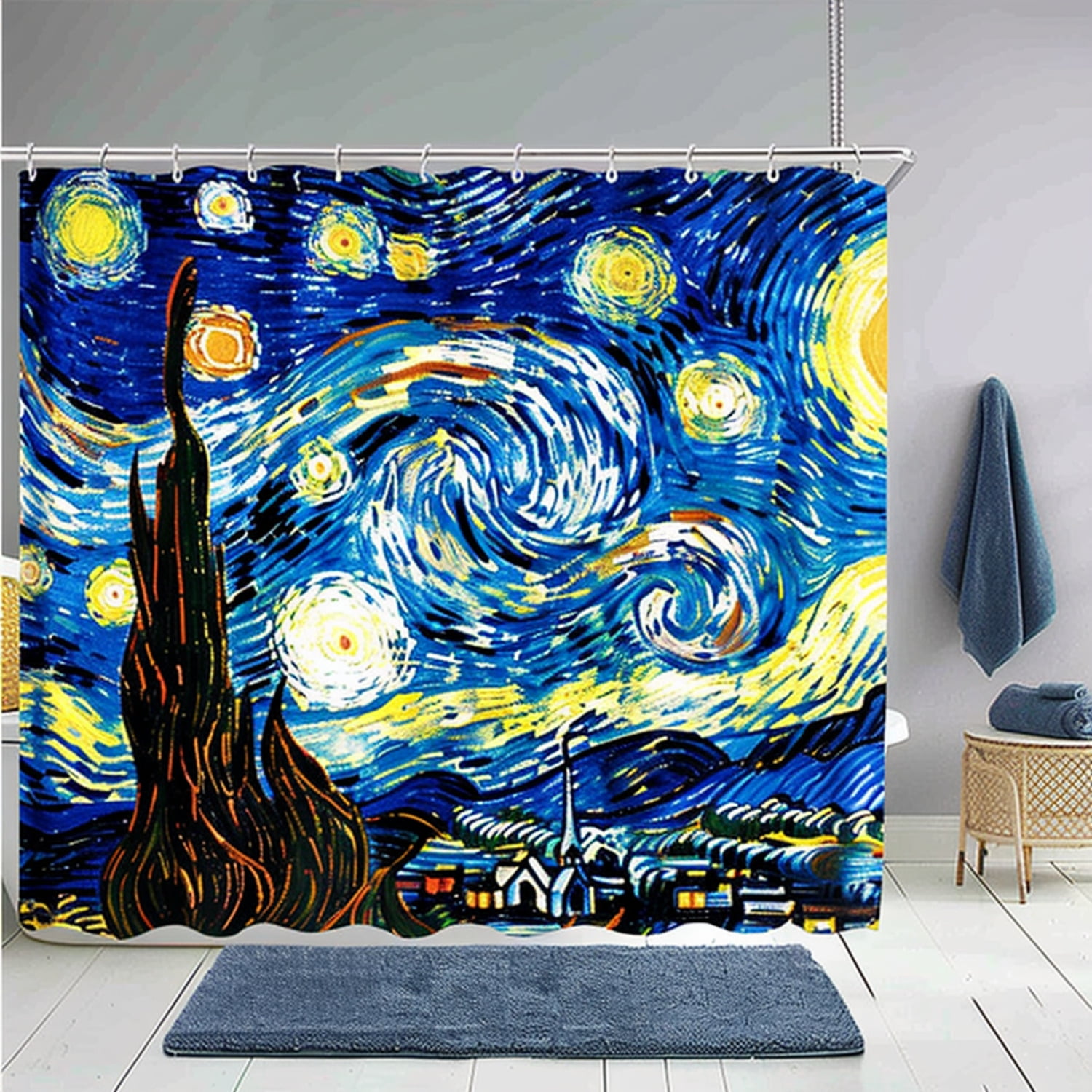 Starry Night Inspired Shower Curtain Set Dark Blue and Yellow Van Gogh