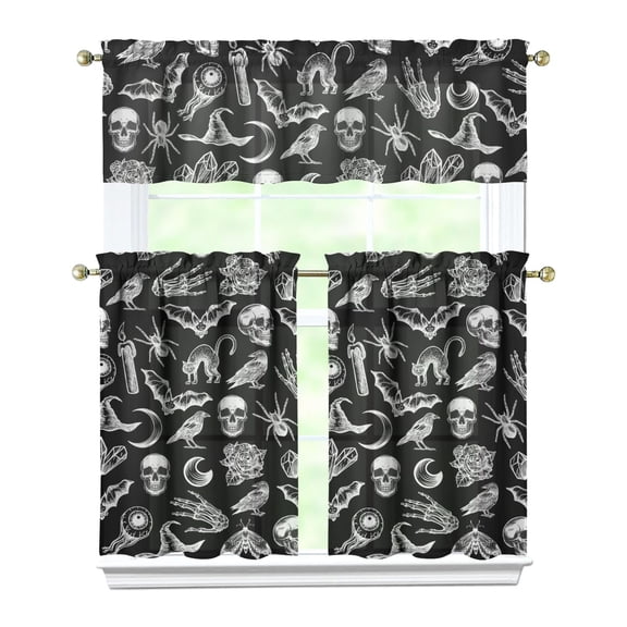 Starry Night Kitchen Curtains Set of 3 - Goth Eclipse Valance & Steampunk Tier Panels, Astral Solar Rod Pocket Window Treatments (54x18+27.5x36 in)
