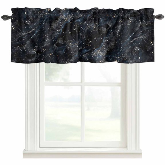 Starry Night Kitchen Valances for Windows, Chic Modern Black Blue Marble Texture Bathroom Window Valances 42x12 Inch Rod Pocket Window Treatments Valance Curtains for Living Room Bedroom Decor