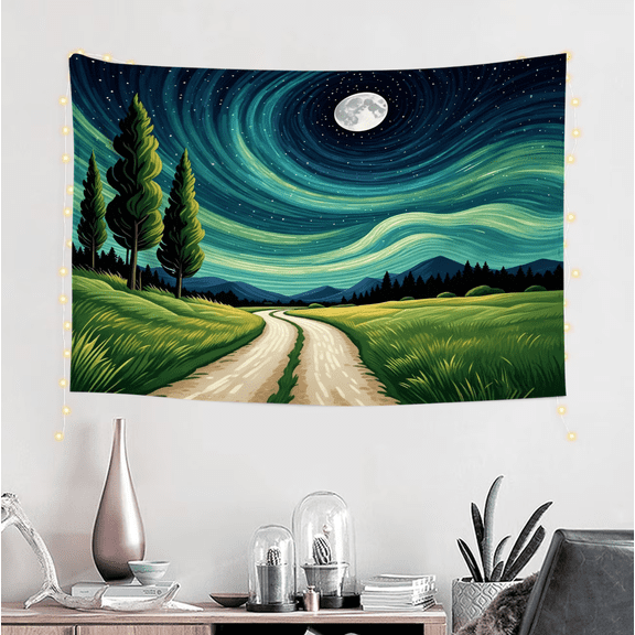 Starry Night Landscape Tapestry - Swirling Aurora Sky with Moon, Country Road Wall Art, Boho Nature Decor for Bedroom Living Room Dorm
