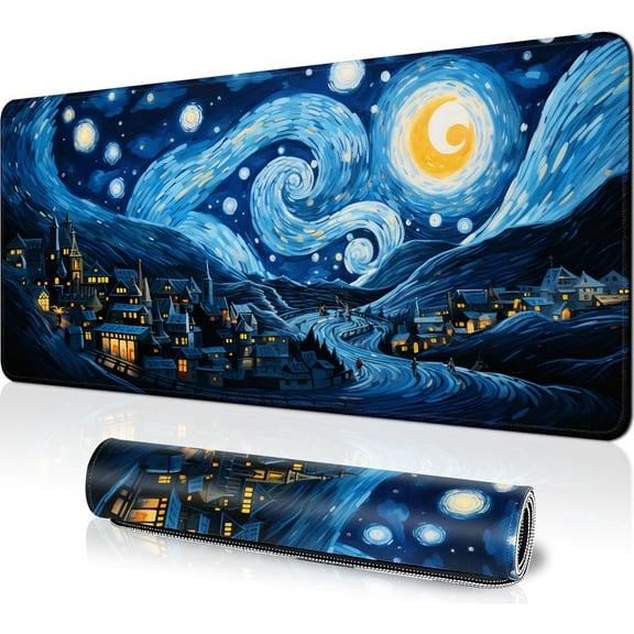 Starry Night Large Gaming Mouse Pad for Desk, Big Mouse Pad Gaming Desk Mat for Keyboard and Mouse, 31.5x11.8 in XL Mousepad with Stitched Edge, Non-Slip Base Computer Keyboard Mouse Mat Desk Pad