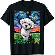 Starry Night Maltipoo: A Whimsical Fusion of Maltese and Poodle Artistry on a Stylish T-Shirt by Aja