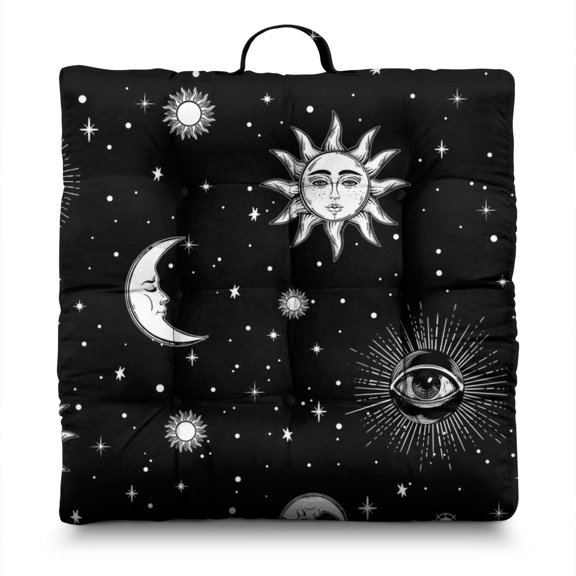 Starry Night Meditation Seat - Thick Gothic Floor Pillow with Cosmic Elements, Sunlight-Activated Fluffiness, Ideal for Boho Home Decor