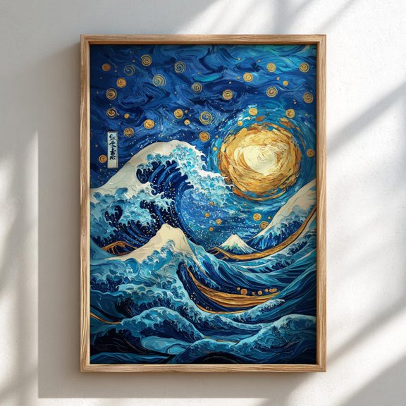 Starry Night Mood Ocean Artwork with Traditional Japanese Wave Influence, Elegant Ukiyo-e Style Wall Art Print Size 24x36 Unframed Poster