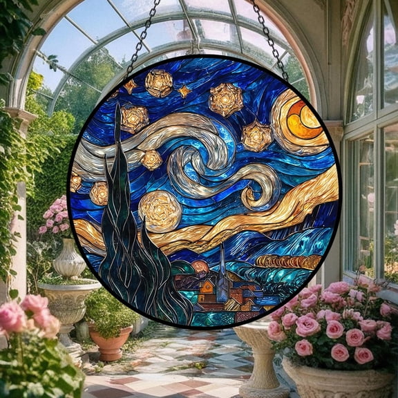 Starry Night Moon Glass Suncatcher, Van Gogh Inspired Window Art, Abstract Sky Tree, 3.5 in