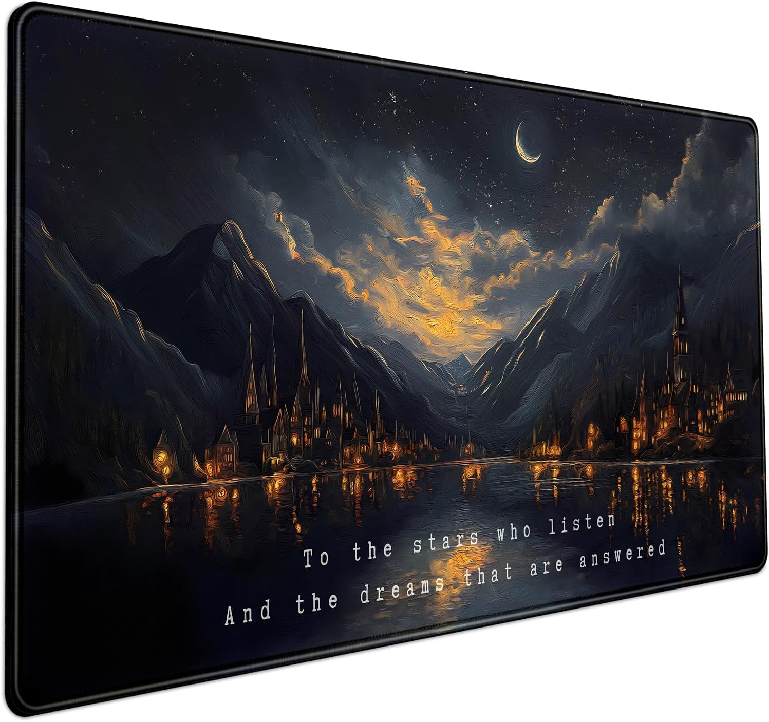 Starry Night Mountain Desk Pad Mat Moon Oil Painting XXL Black Mouse Pad for Gaming Deskpad, Aesthetic Moon and Stars Mousepad Xxl for Laptop Computer Mouse Game Keyboard Mat, 31.5 X 15.8 In