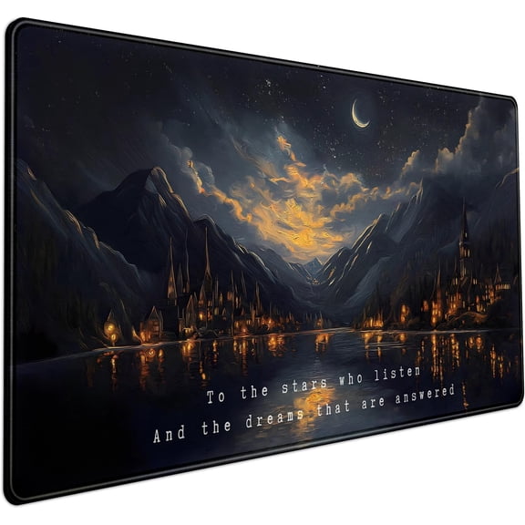 Starry Night Mountain Desk Pad Mat Moon Oil Painting XXL Black Mouse Pad for Gaming Deskpad, Aesthetic Moon and Stars Mousepad Xxl for Laptop Computer Mouse Game Keyboard Mat, 31.5 X 15.8 In