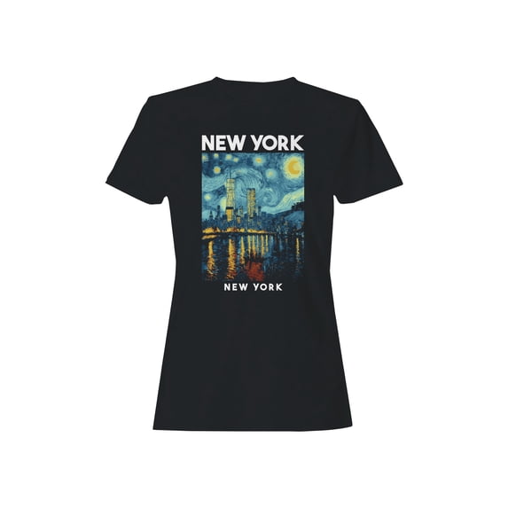 Starry Night NYC Skyline Graphic Women's Black T-Shirt