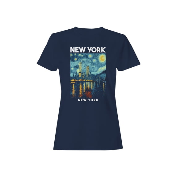 Starry Night NYC Skyline Graphic Women's Navy T-Shirt
